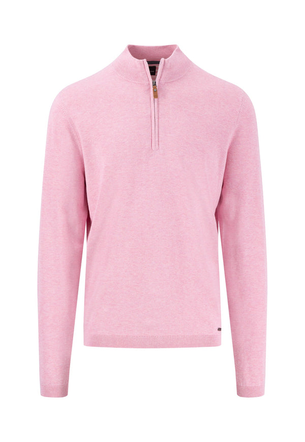 Pink sweater with a quarter zip on a white background