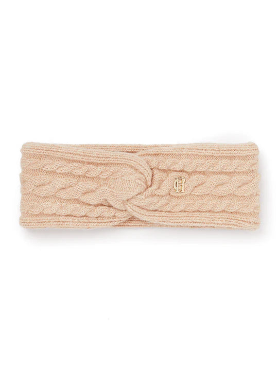 Beige knitted headband on a white background