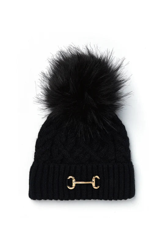 Black bobble hat with gold on a white background