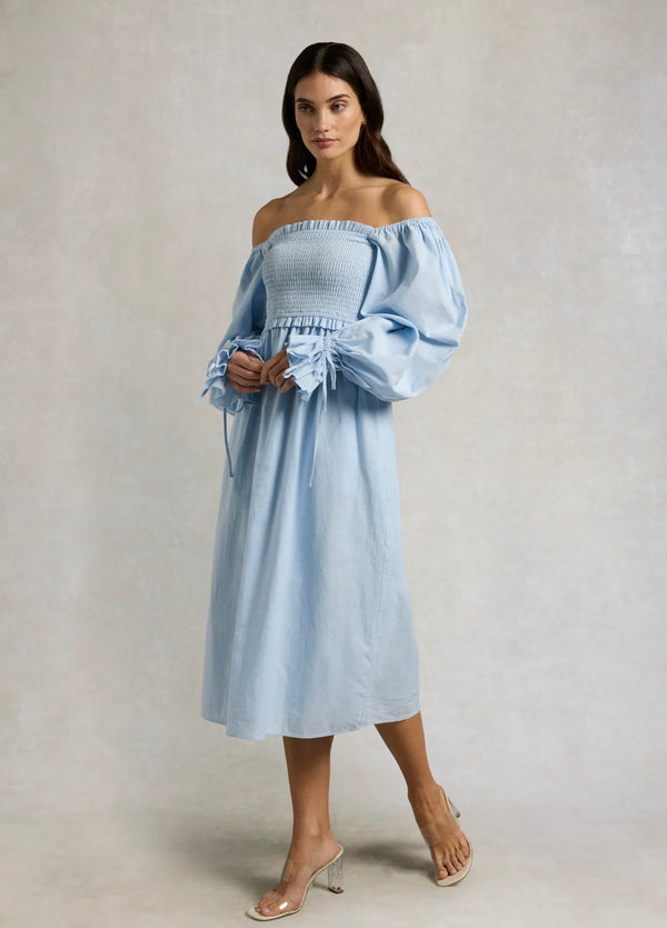 Holland Cooper Smock Dress Pale Blue Chambray