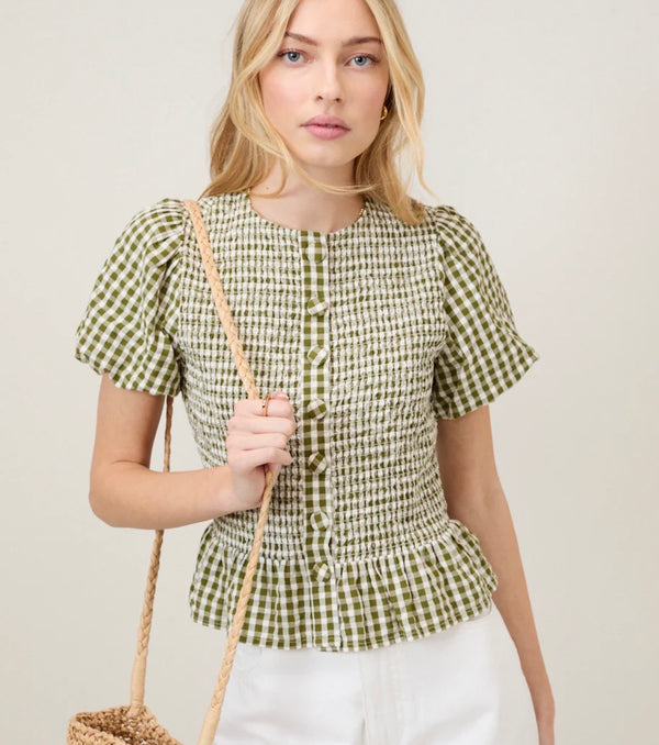 Nobody’s Child Green Gingham Puff Sleeve Top