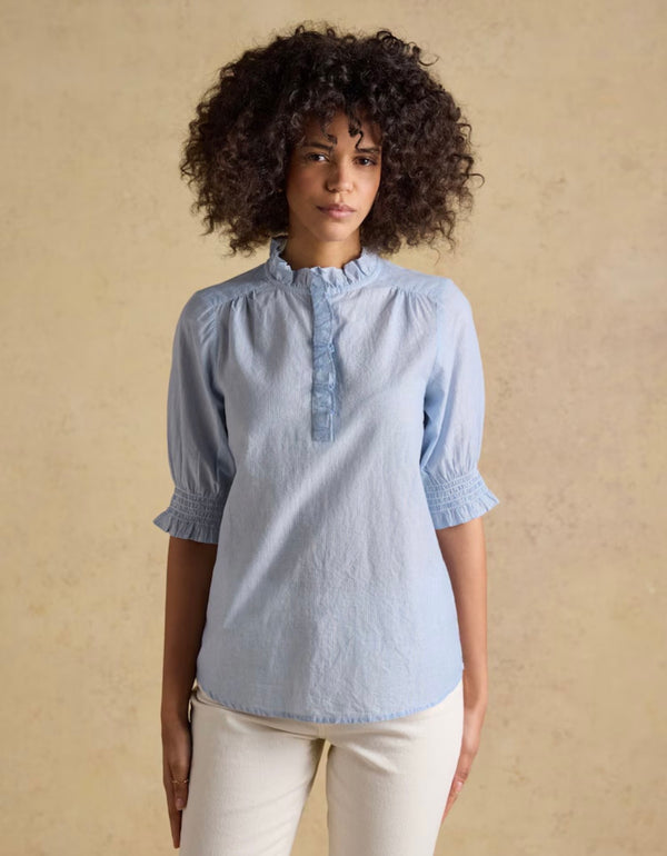 Joules Melanie Blue Short Sleeve Ruffle Blouse