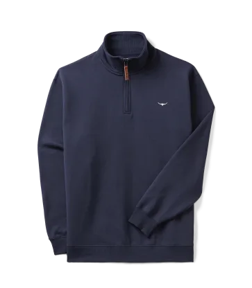 Navy blue quarter-zip sweatshirt with a small logo on a white background