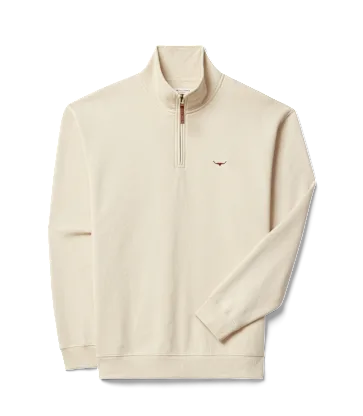 Beige quarter-zip sweater with a small logo on a white background