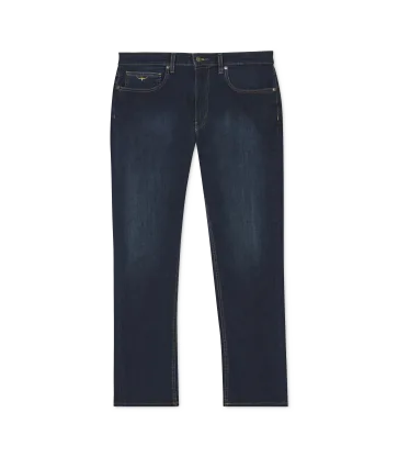 Pair of dark blue jeans on a white background