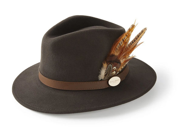 Brown fedora hat with a brown band and feather decoration on a white background