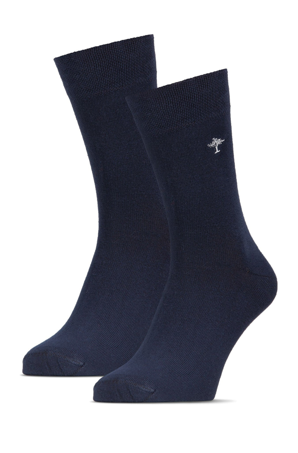 Two navy blue socks with a small white logo on a white background