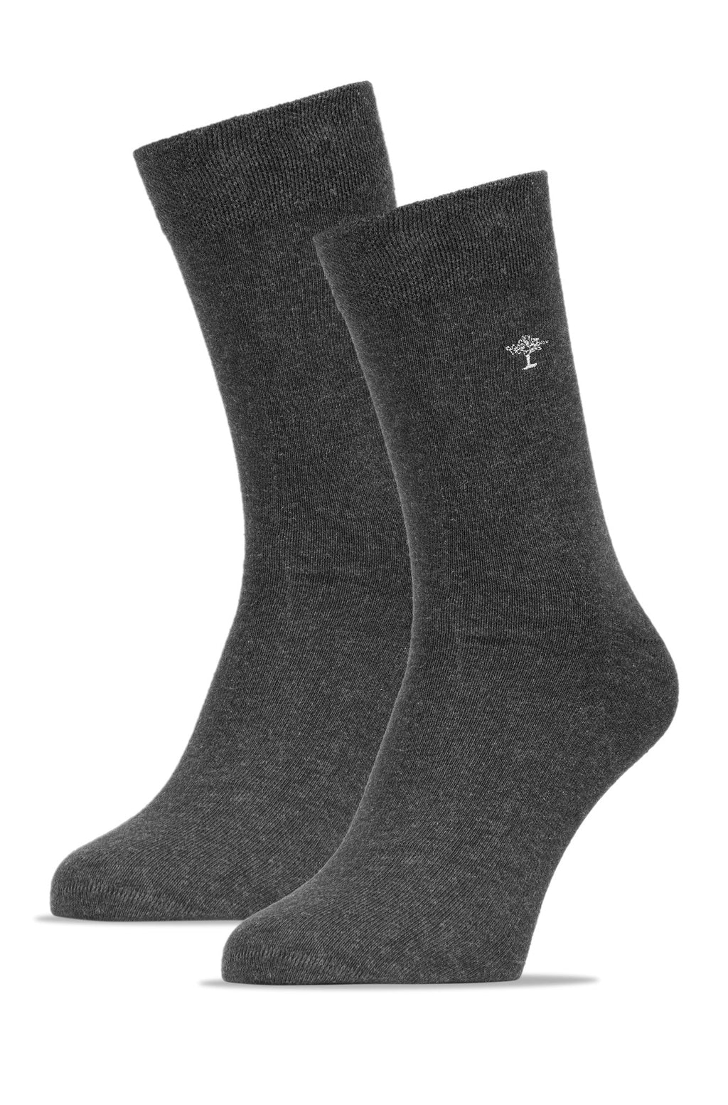 Two gray socks with a brand logo on a white background