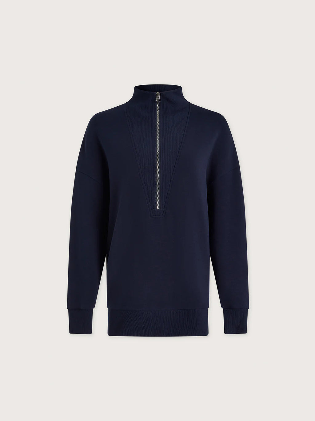 Navy blue half-zip sweatshirt on a light gray background