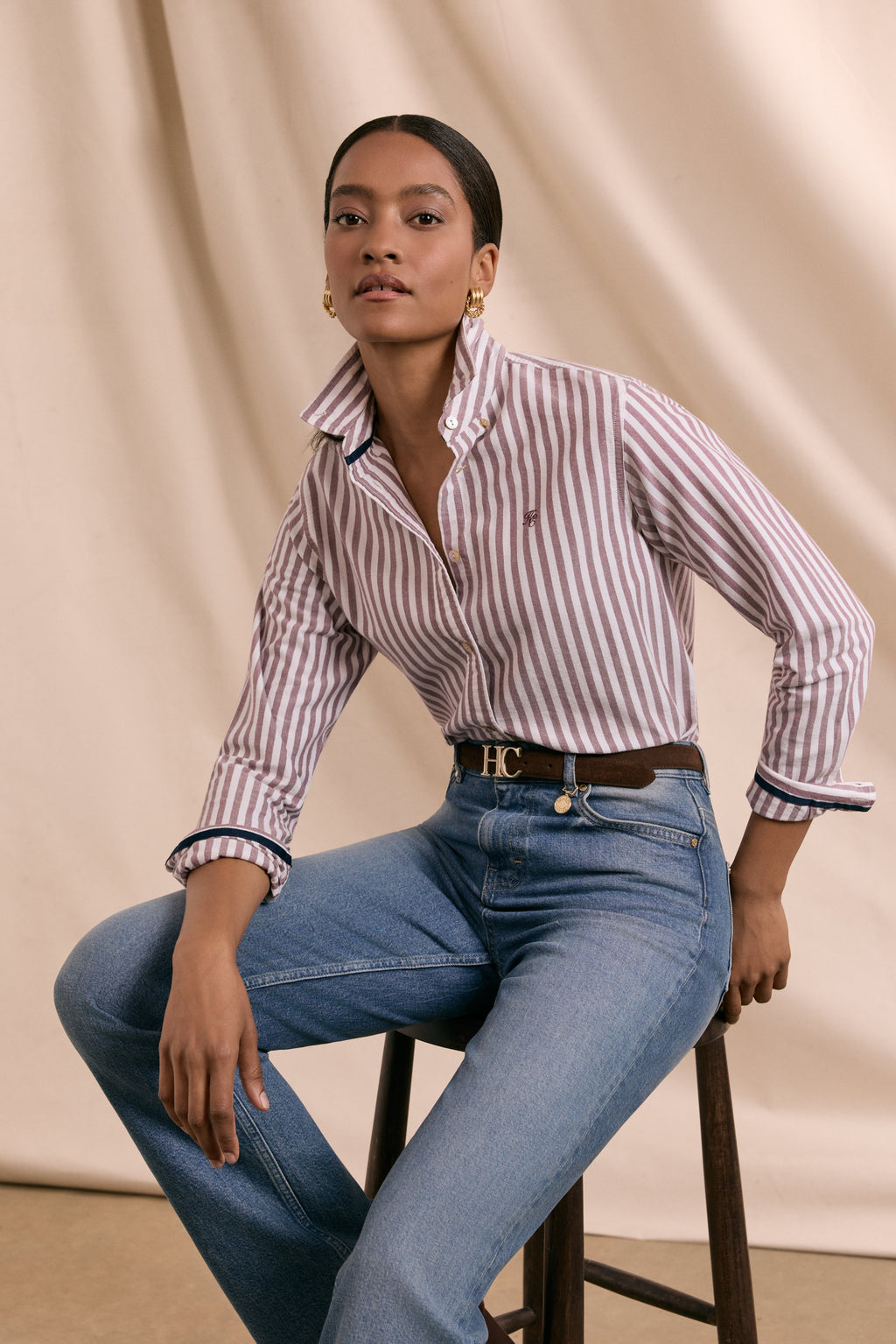 Holland Cooper Oxford Shirt in Washed Burgundy Stripe