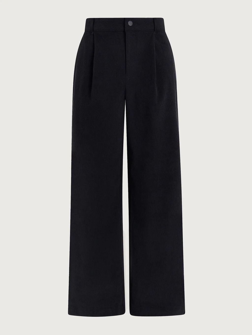 Black wide-leg pants on a light gray background