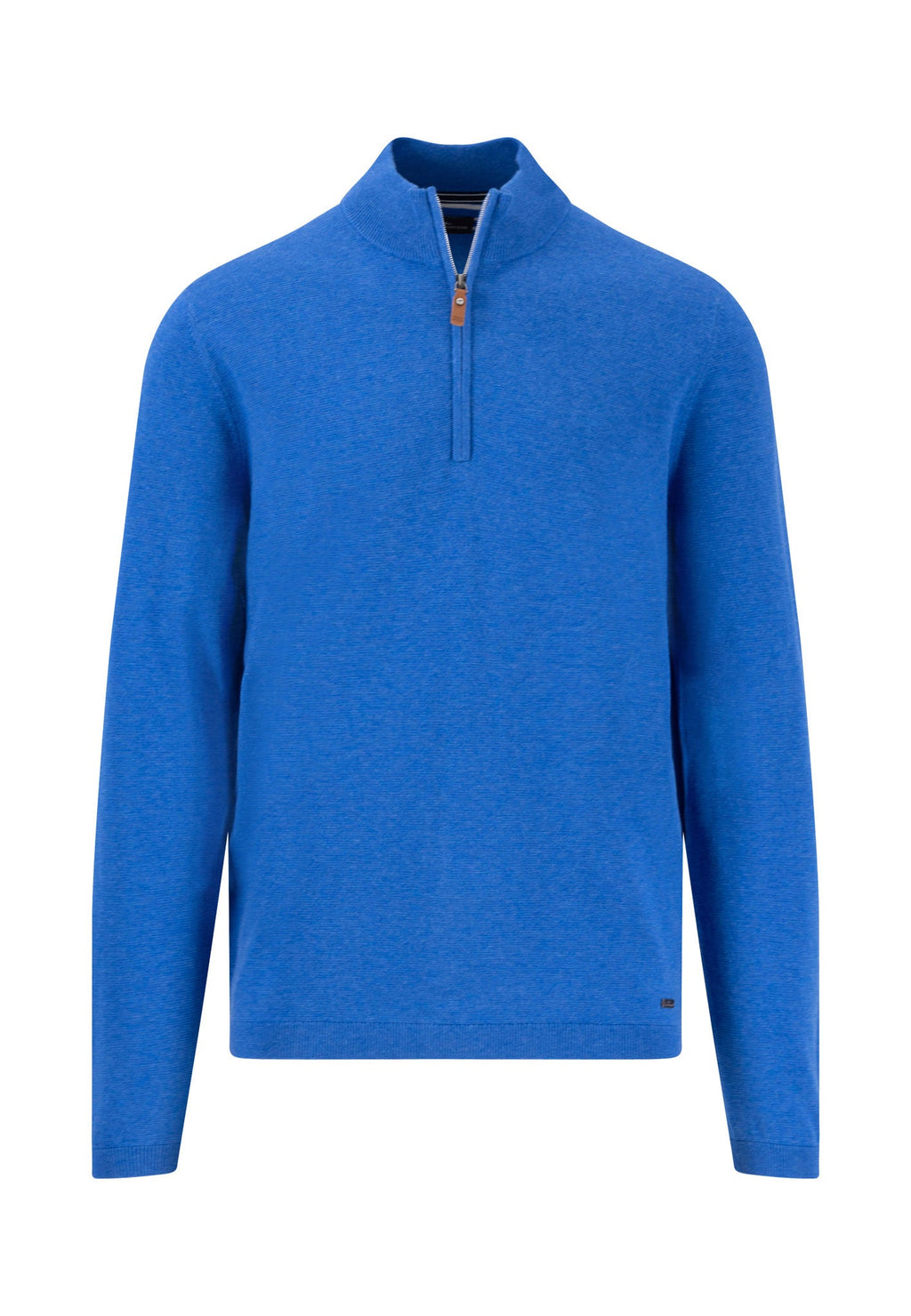 Blue pullover with a quarter zip on a white background