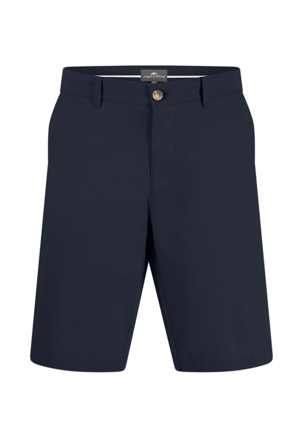 Navy blue shorts with a button on a white background