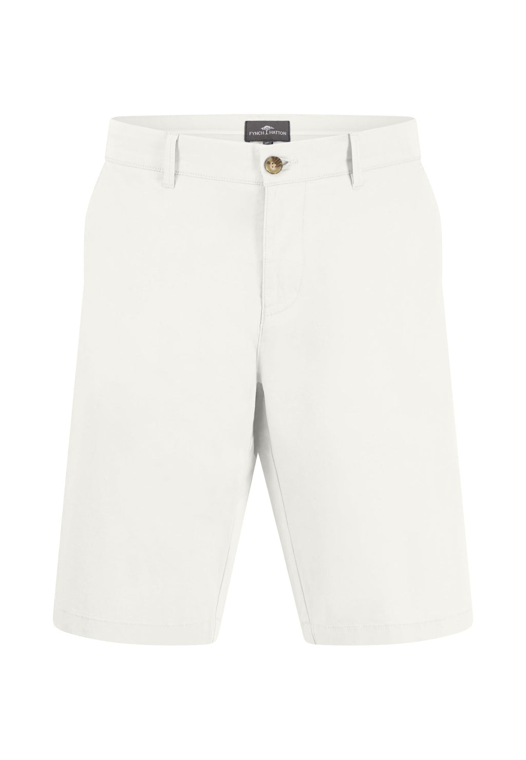 White shorts with a gold button on a white background