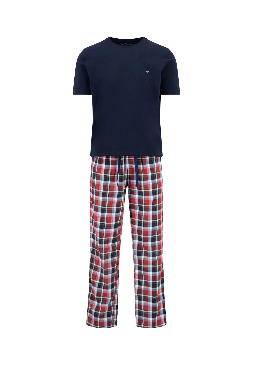 Navy blue and red pajamas on a white background