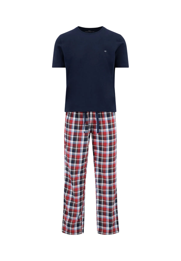 Navy blue and red pajamas on a white background