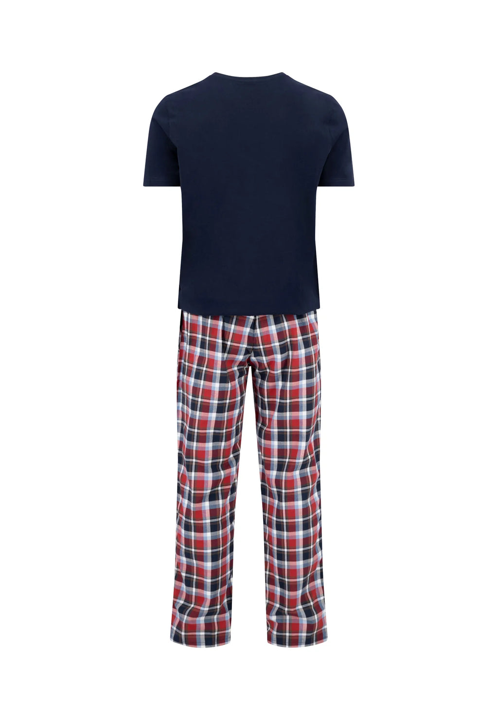 Navy blue and red pajamas on a white background
