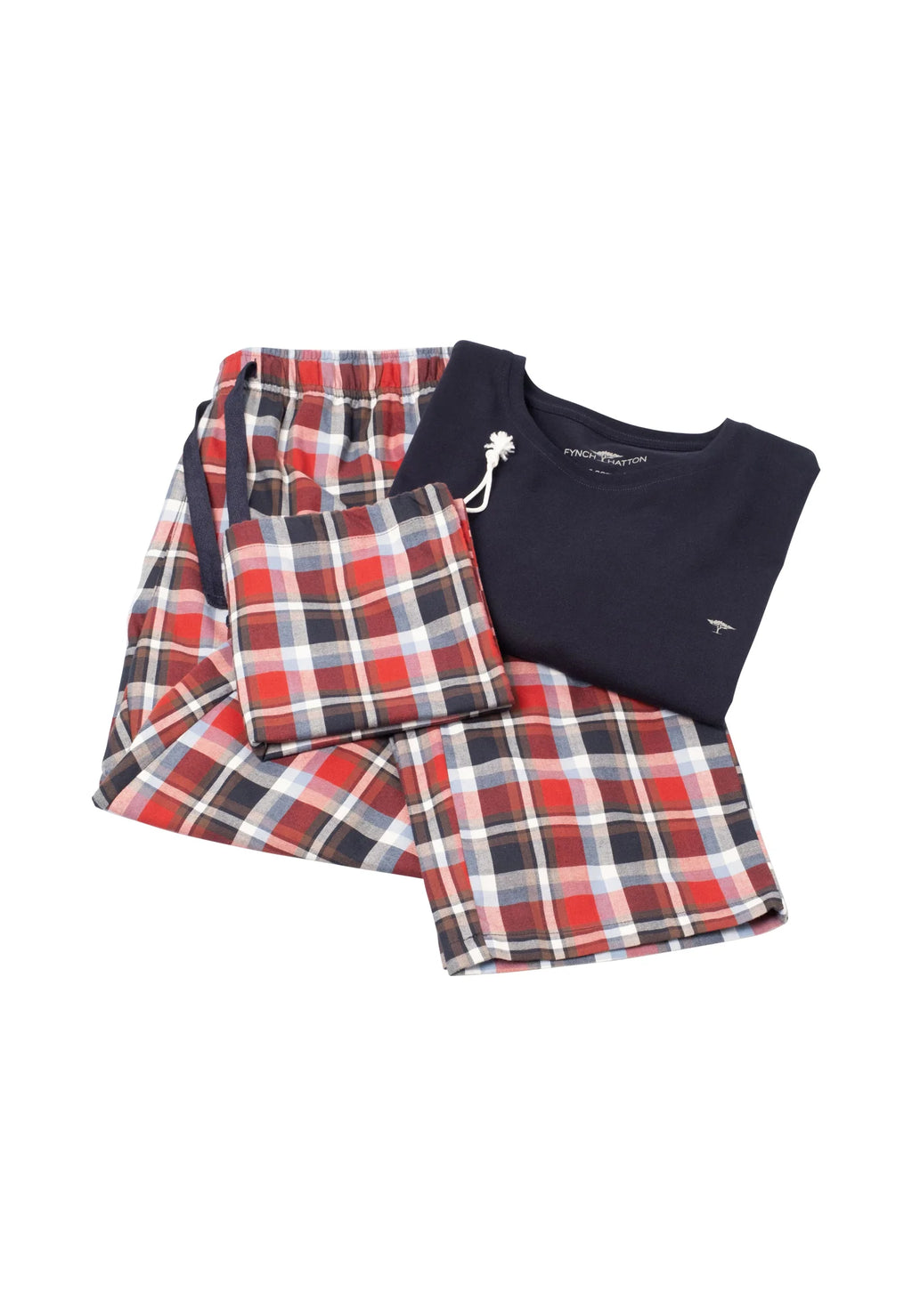 Navy blue and red checkered pajamas on a white background