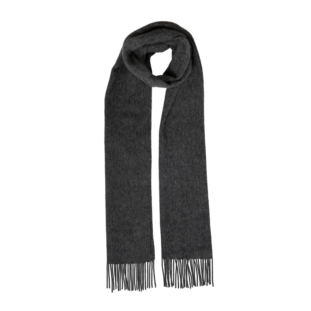 Dark gray scarf with fringed ends on a white background
