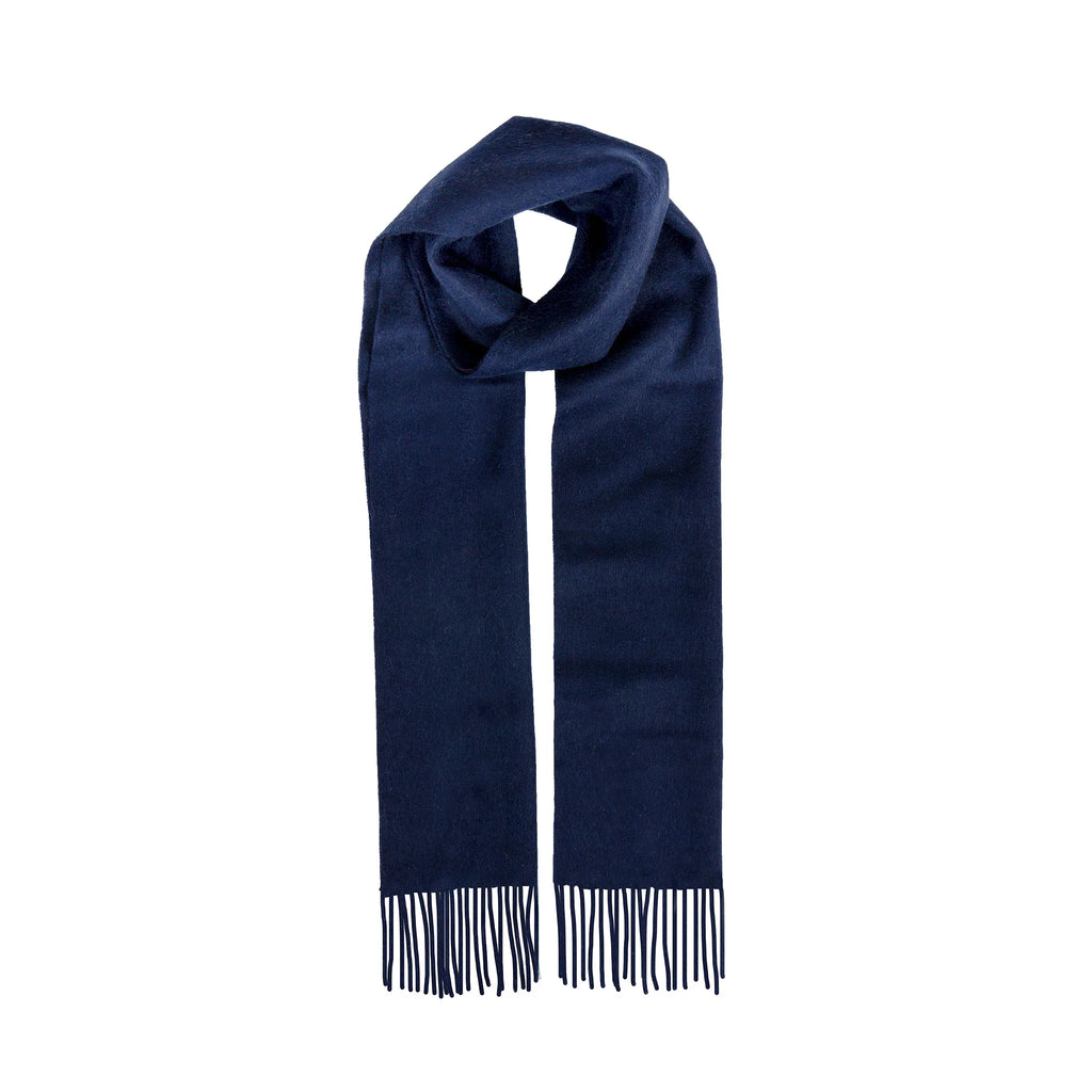 Navy blue scarf with fringes on a white background