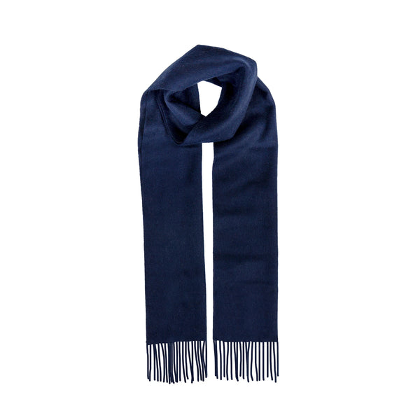 Navy blue scarf with fringes on a white background
