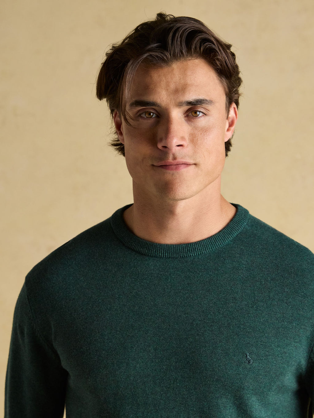 Man wearing a green sweater against a beige background