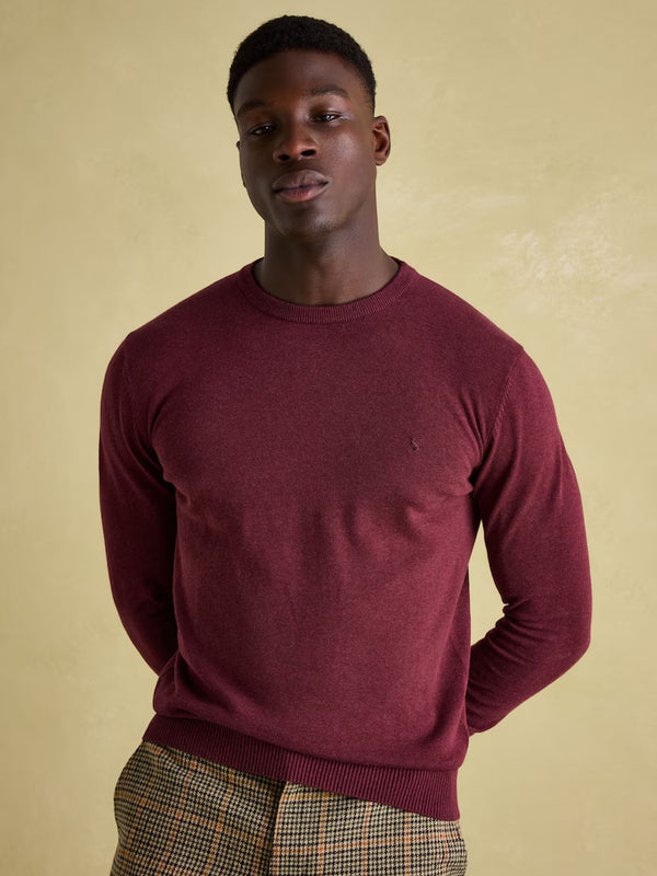 Man wearing a burgundy sweater with a small logo on a beige background