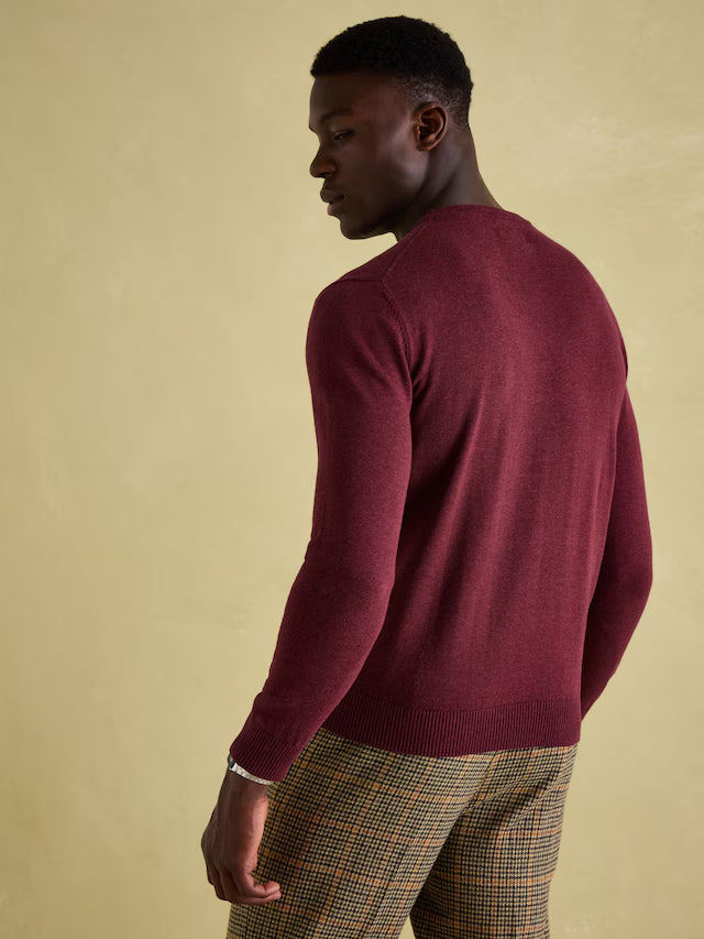 Man wearing a burgundy sweater and plaid pants against a beige background