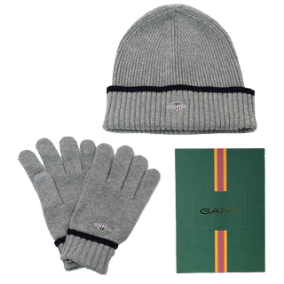 Gray knit beanie and gloves set with a Gant branded box on a white background