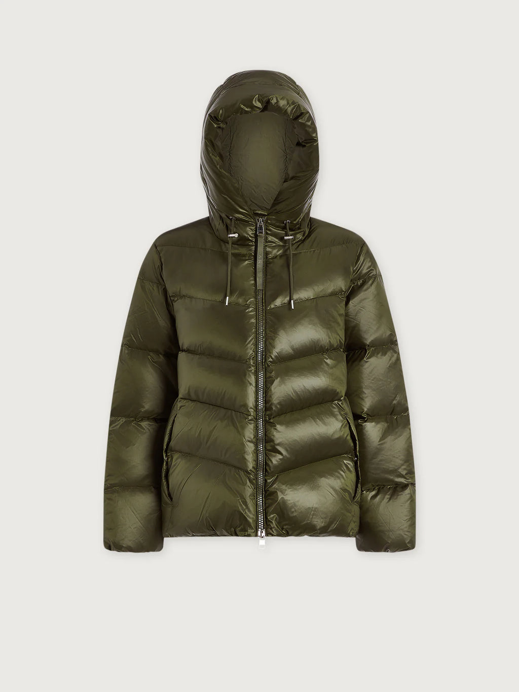 Green puffer jacket with a hood on a light gray background