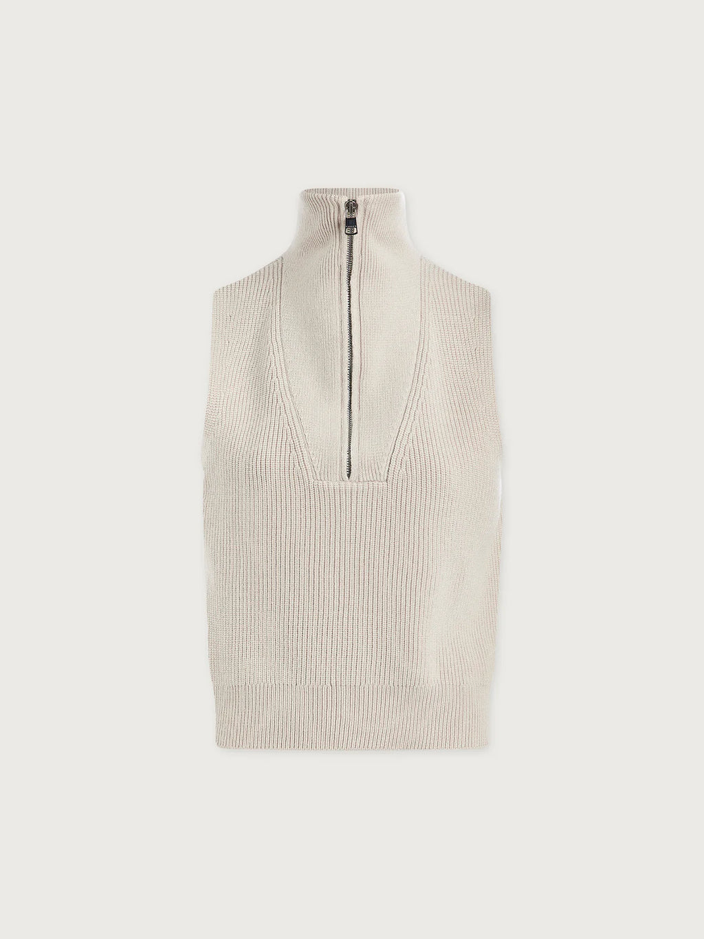 Beige ribbed knit vest with a quarter zip on a light beige background