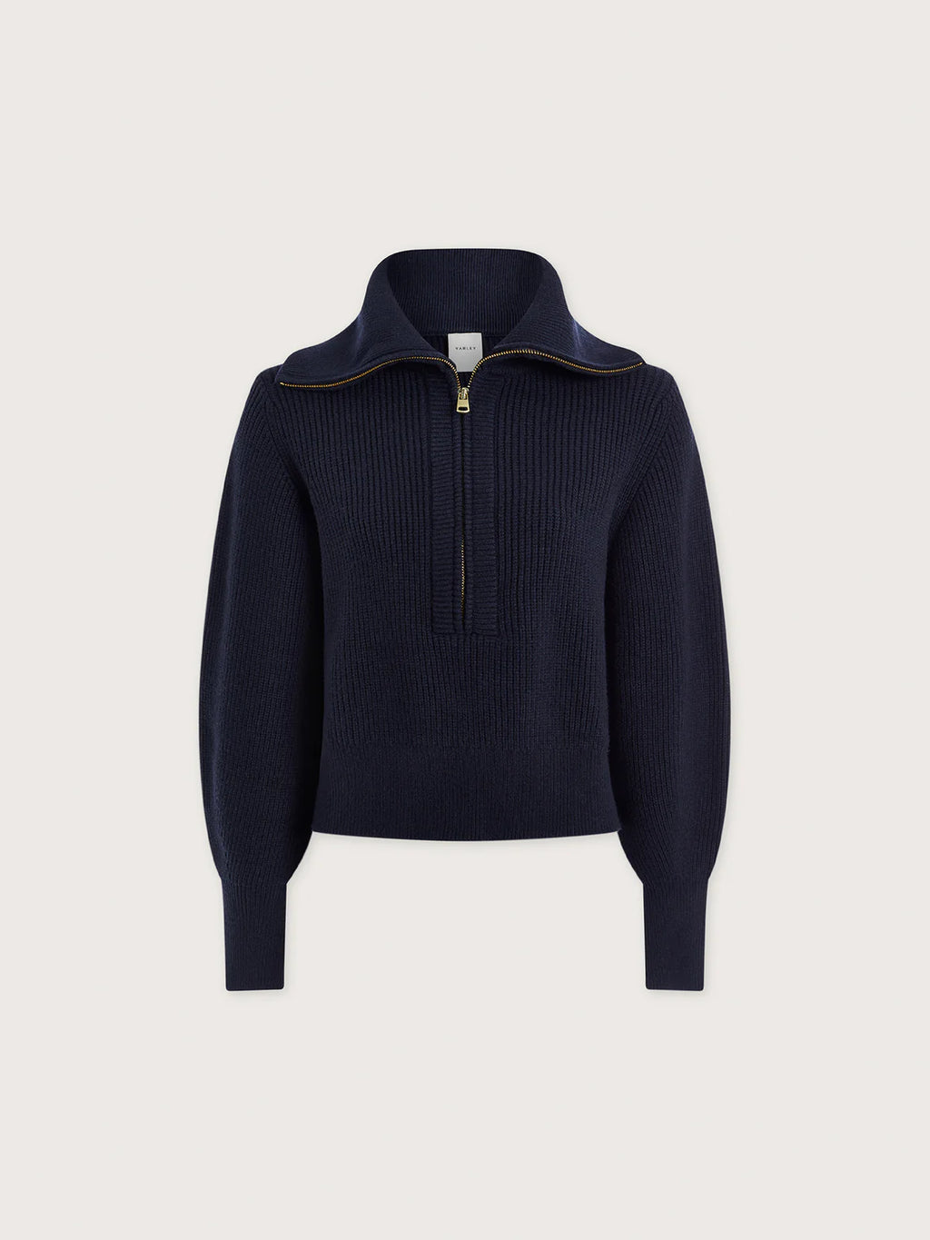 Navy ribbed sweater with a high collar against a white background