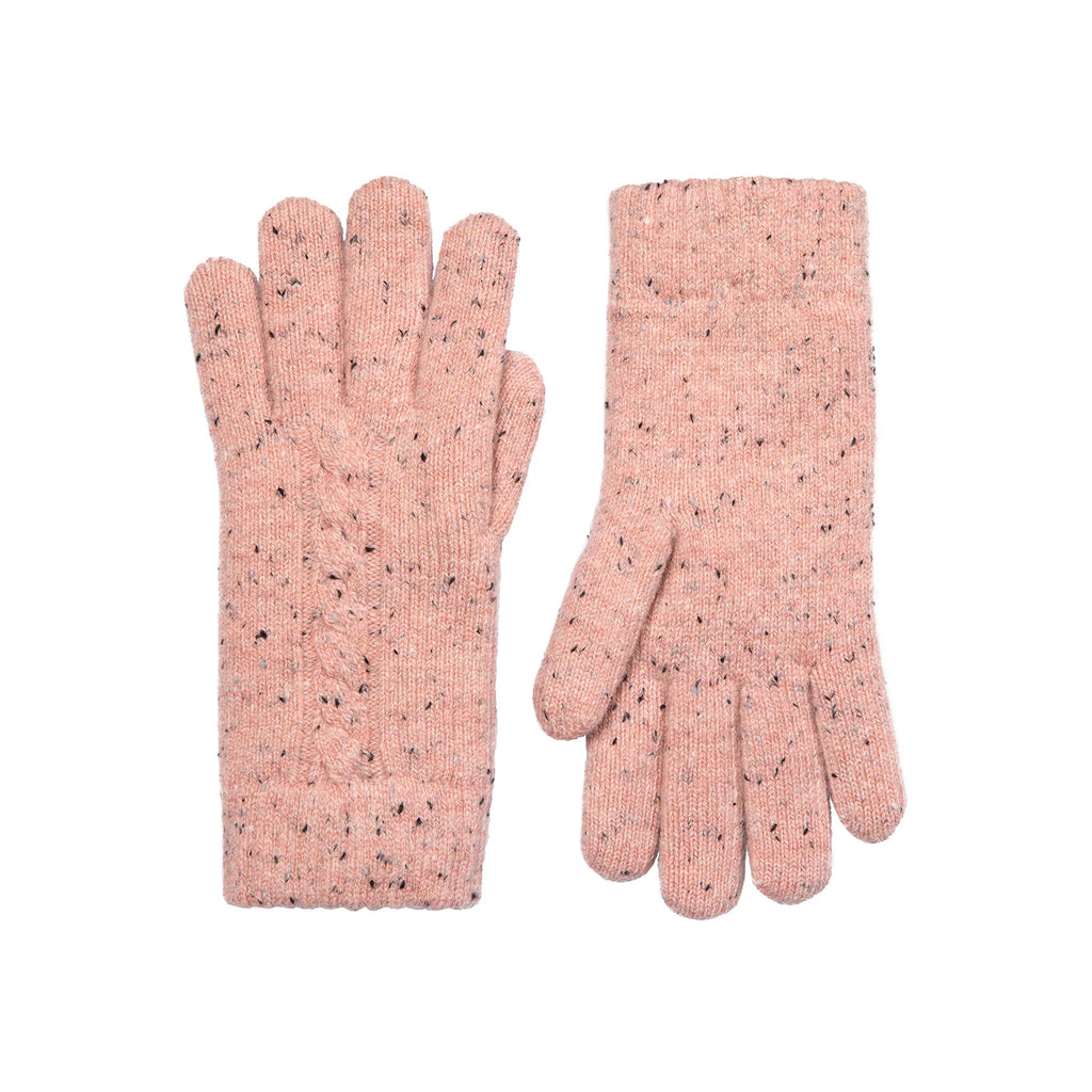 Pair of pink gloves with a speckled pattern on a white background