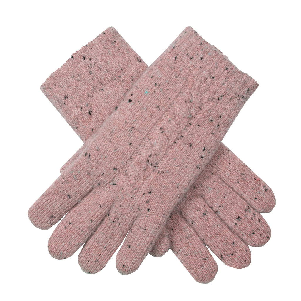 Pair of pink gloves with black speckles on a white background