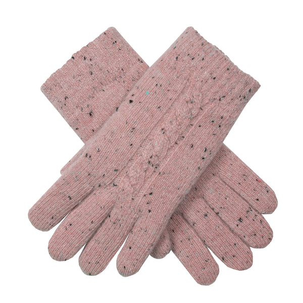 Pair of pink gloves with black speckles on a white background