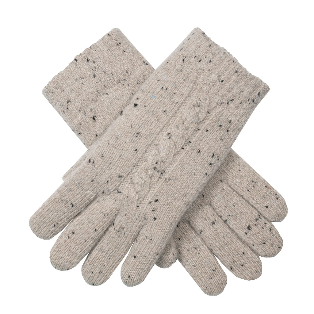 Pair of beige gloves with black speckles on a white background