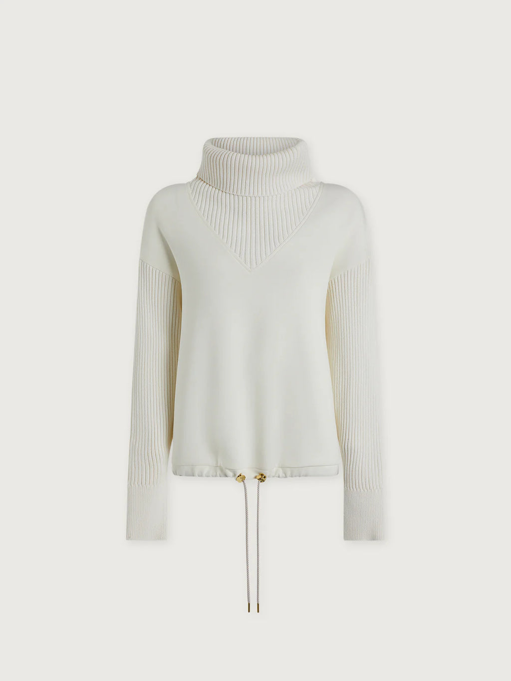 White ribbed knit sweater with gold zipper on a white background