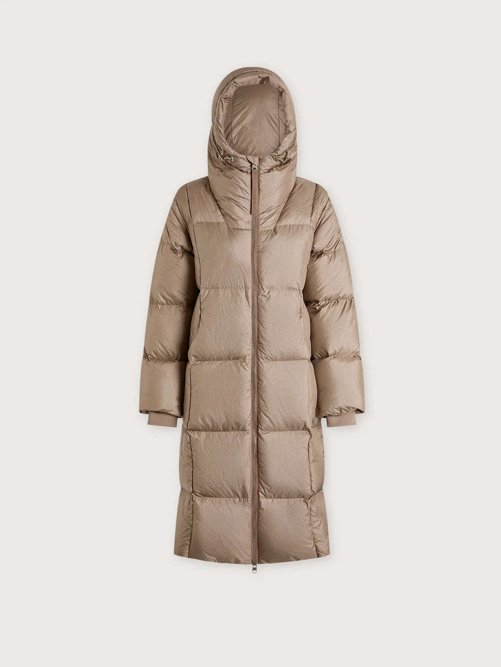 Beige puffer coat on a light beige background