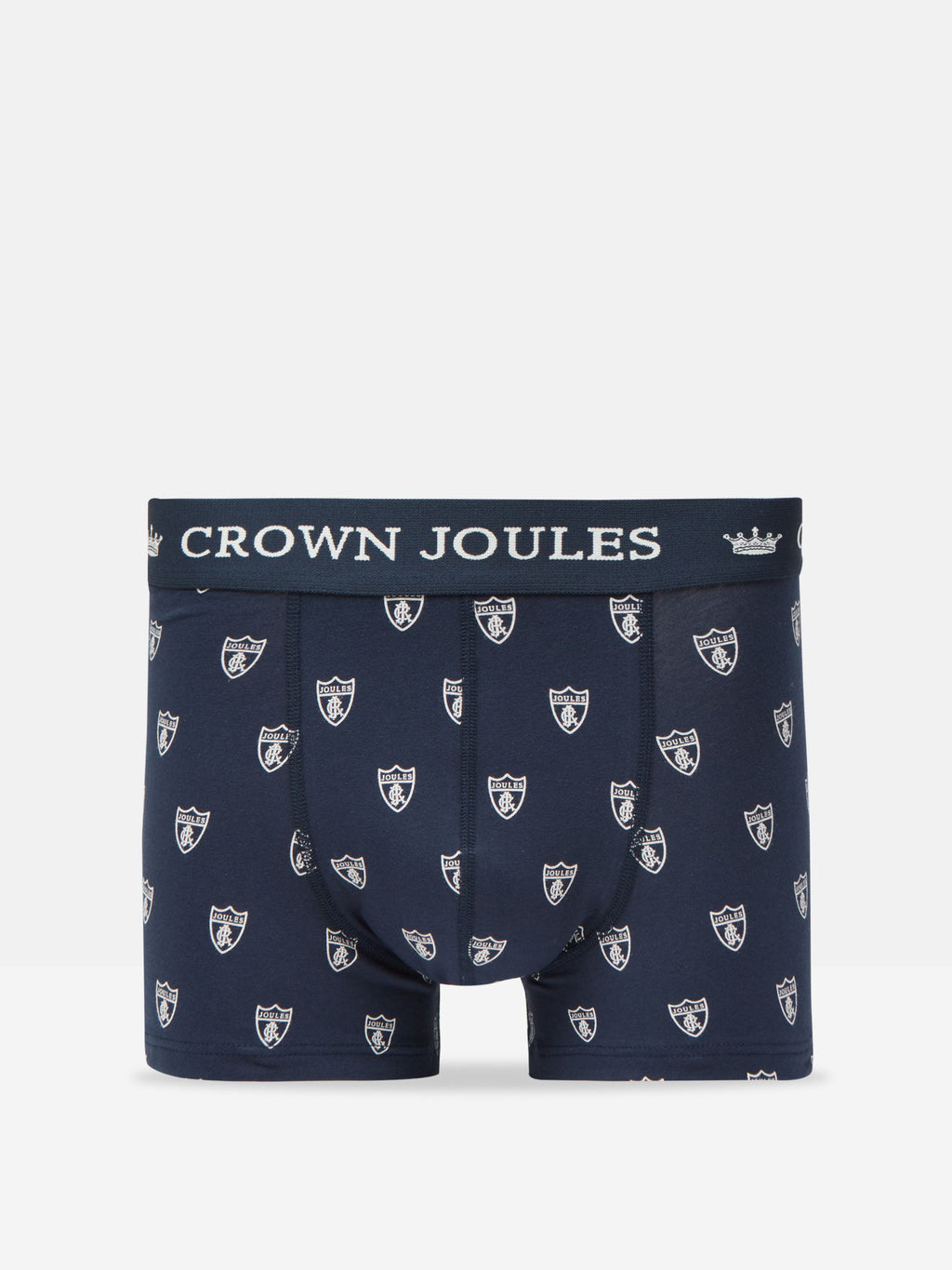 Navy blue boxer briefs with white logo pattern and 'Crown Joules' branding on a light gray background.