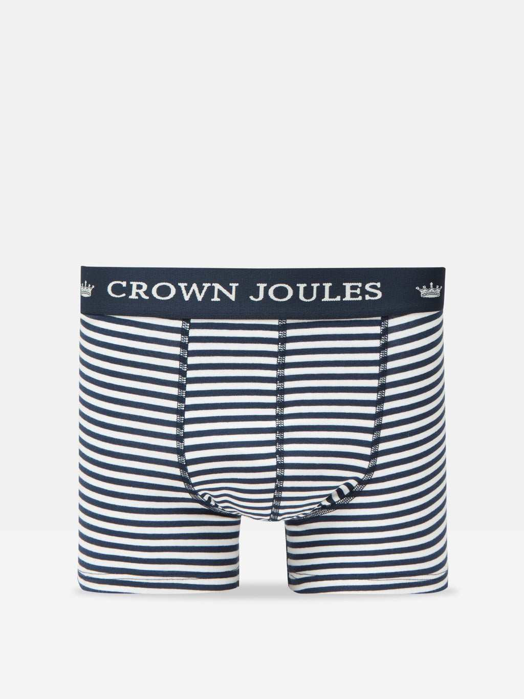 Striped underwear with Crown Joules branding on a white background