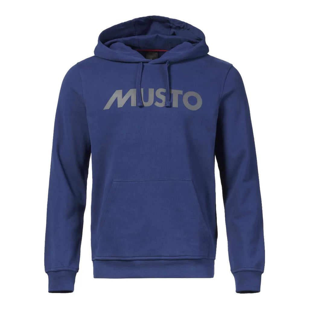 Blue hoodie with 'MUSTO' logo on a white background