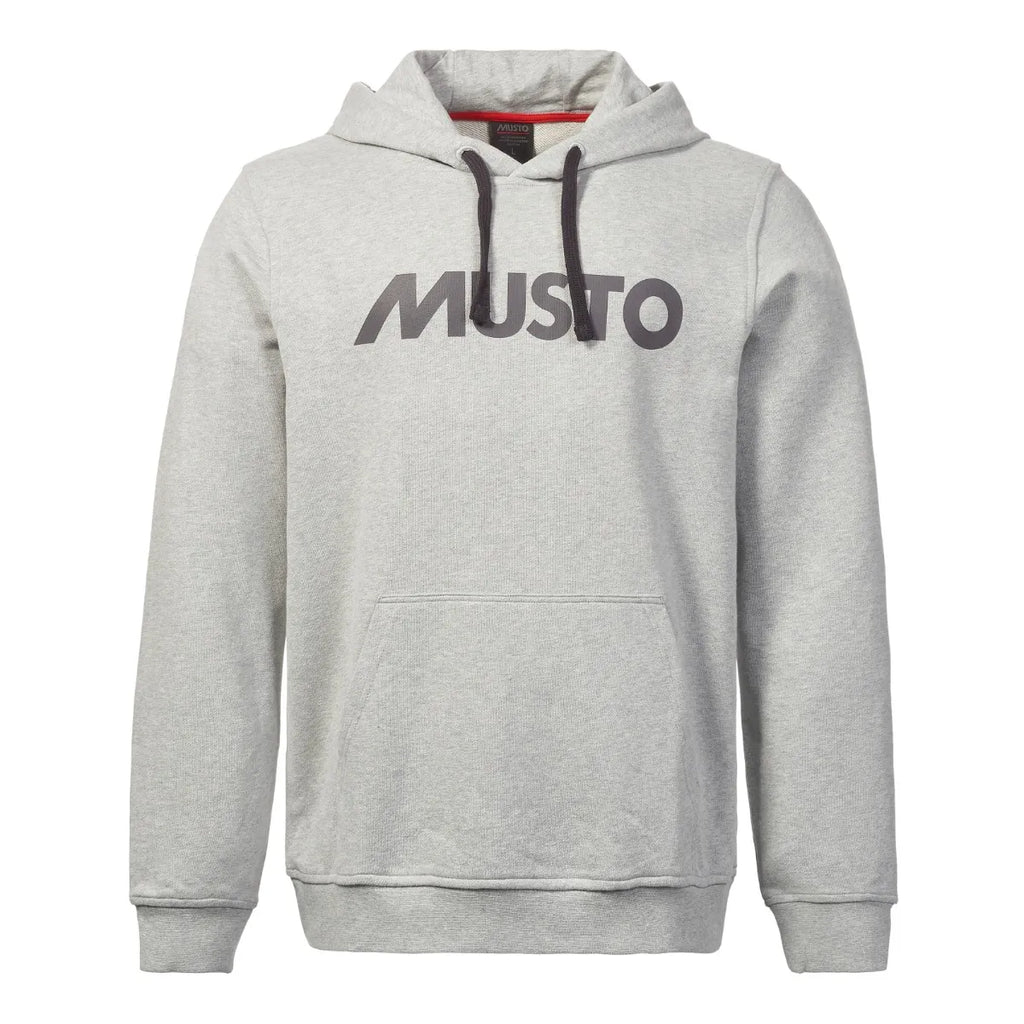 Gray hoodie with 'MUSTO' logo on a white background