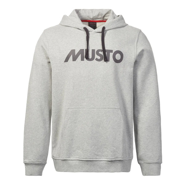 Gray hoodie with 'MUSTO' logo on a white background