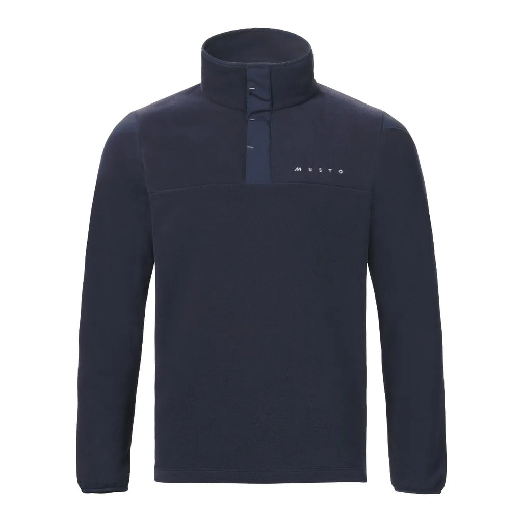 Navy blue pullover with a brand logo on a white background