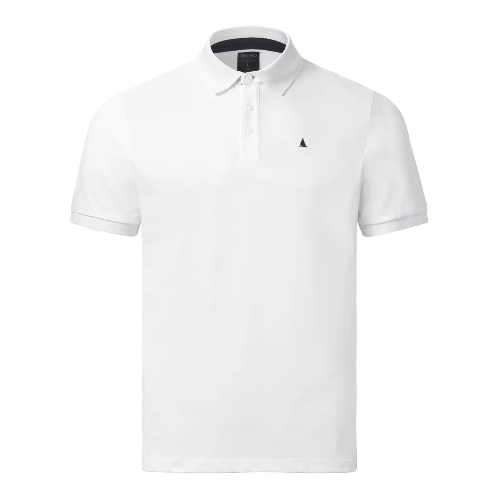 White polo shirt with a small black logo on a white background