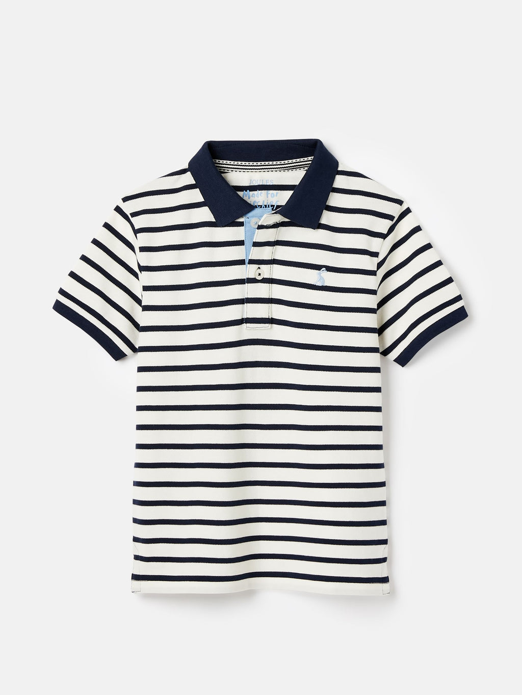 Navy and white striped polo shirt on a light gray background