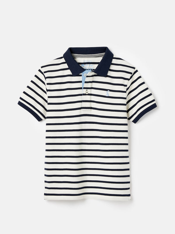 Navy and white striped polo shirt on a light gray background