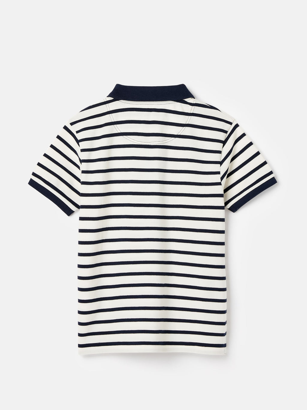 Navy and white striped polo shirt on a light gray background
