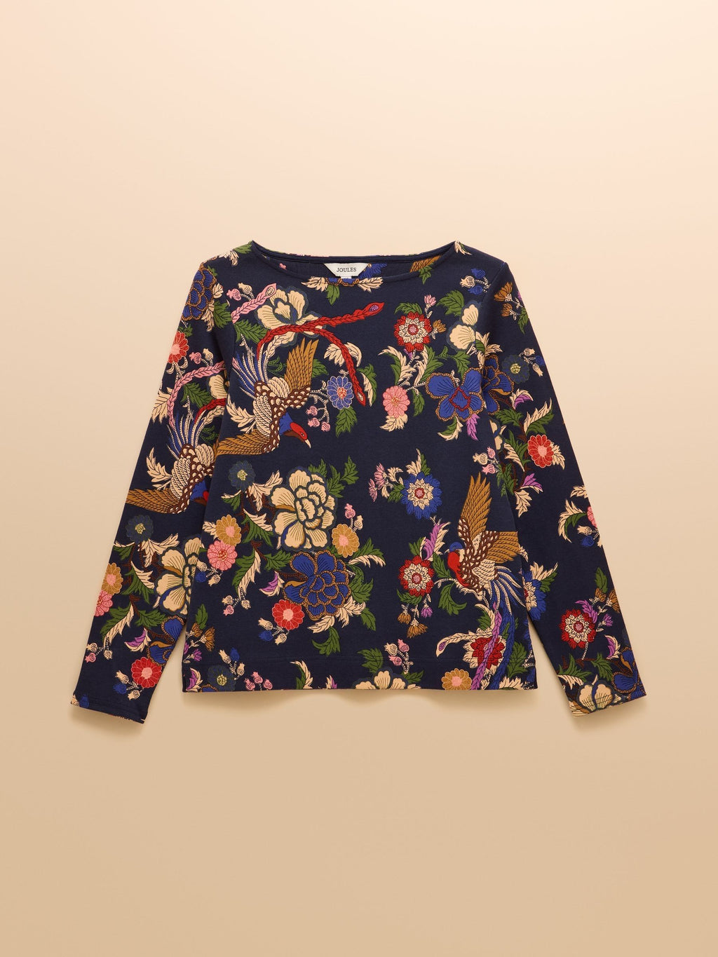 Navy blue sweater with colorful floral and bird pattern on a beige background