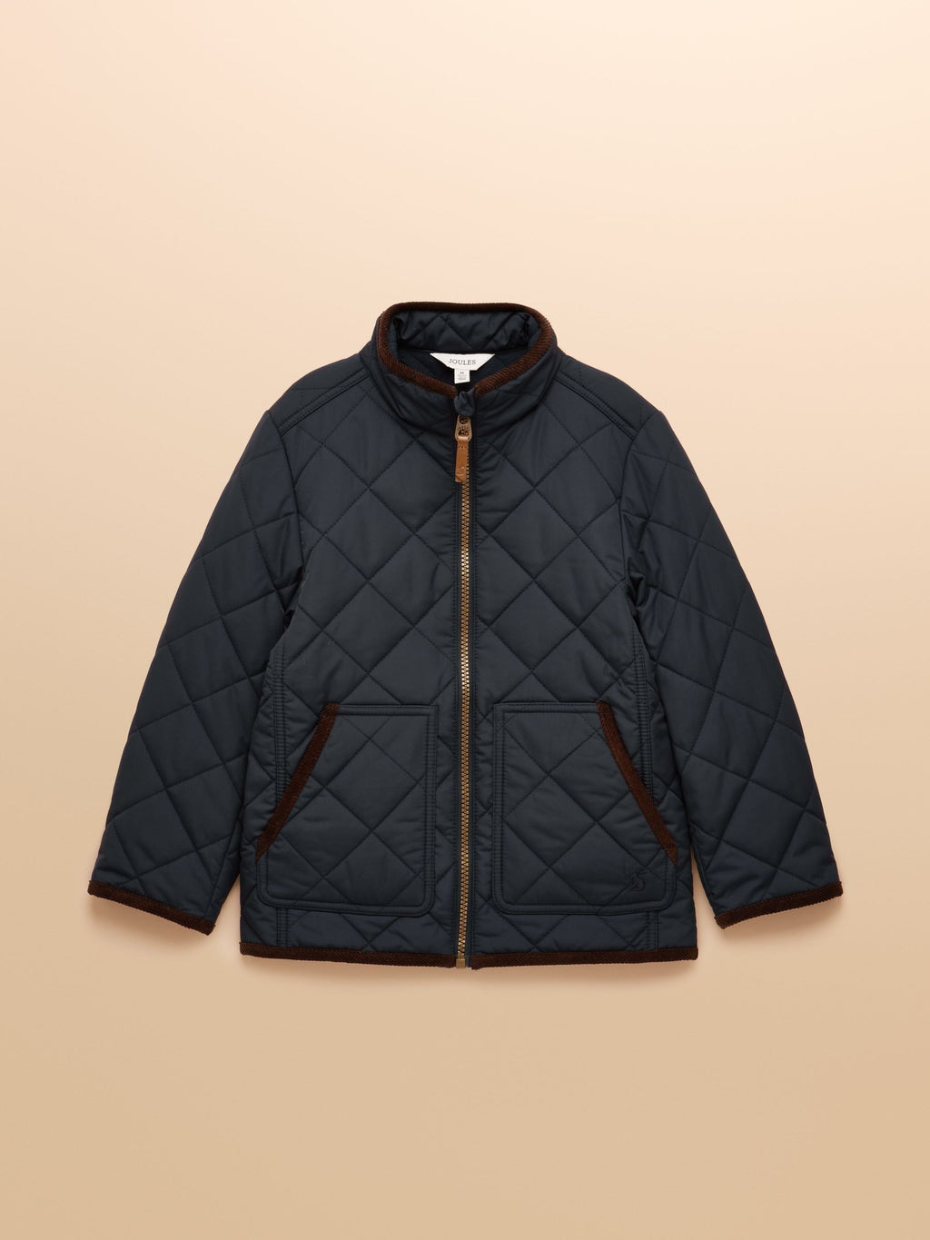 Quilted jacket with brown accents on a beige background